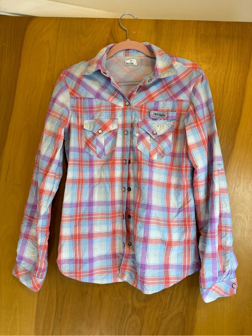 Columbia Plaid Button Shirt in Light Blue and Pink